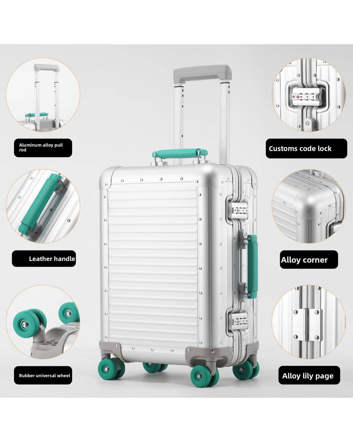 Selection - Silver 20'' Green Handle Cabin Suitcase
