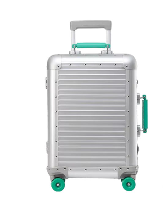 Selection - Silver 20'' Green Handle Cabin Suitcase