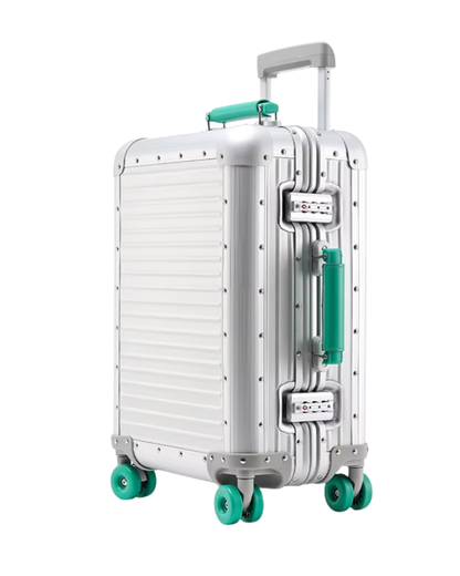 Selection - Silver 20'' Green Handle Cabin Suitcase
